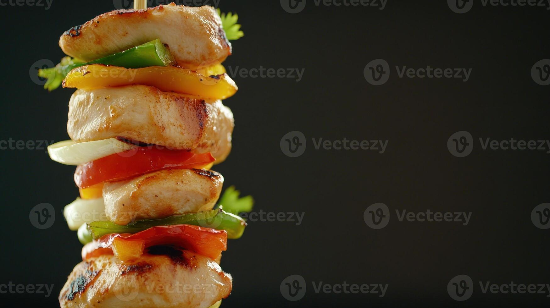 Chicken skewer grilled poultry with vegetables on a dark background for menu recipe ideas photo