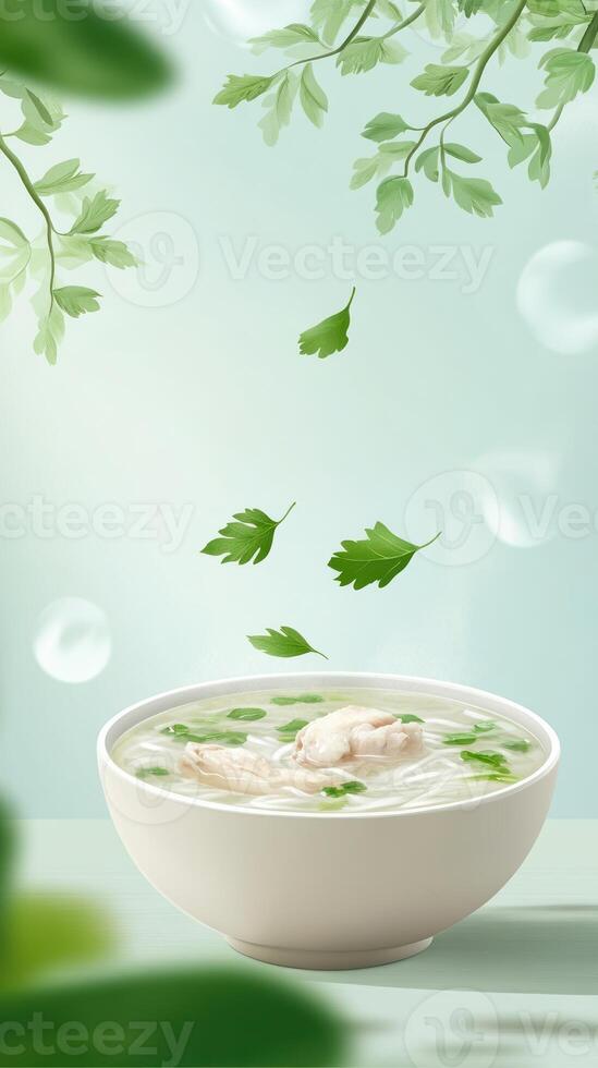 Chicken soup with parsley leaves falling down near a plant on a light blue background. Food banner photo
