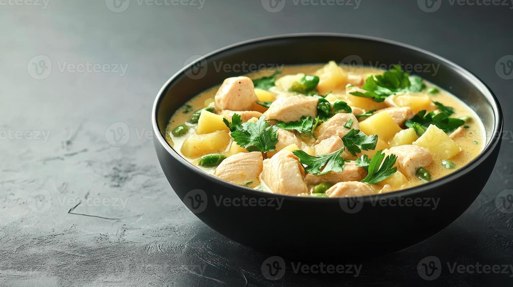 Chicken stew with potatoes and herbs in a black bowl on dark background, suitable for cookbook photo