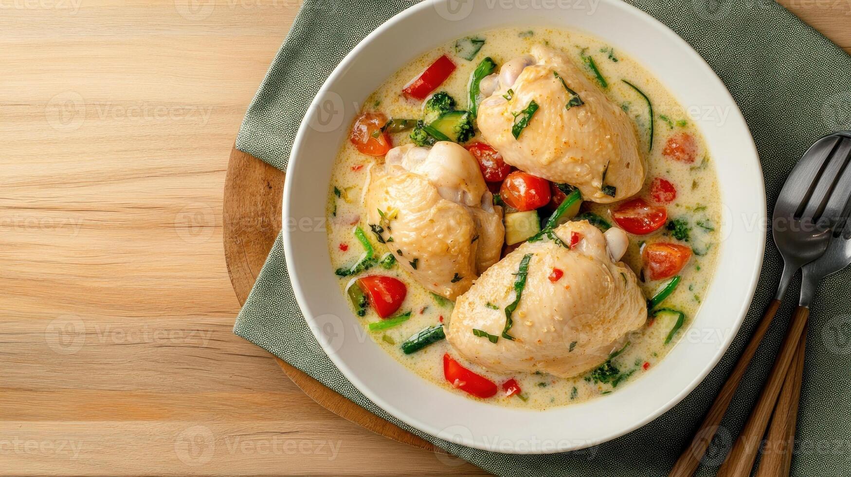Chicken stew with vegetables in a white bowl on a wooden surface is ready to eat photo