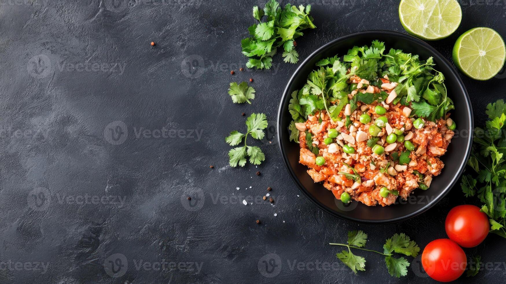 Chicken stir-fry dish w peas and parsley, lime and tomato around bowl for tasty meal presentation photo