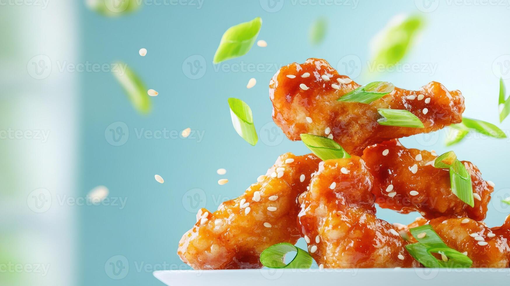 Chicken wings with glaze, sesame seeds, and green onions against a soft, light blue studio background photo