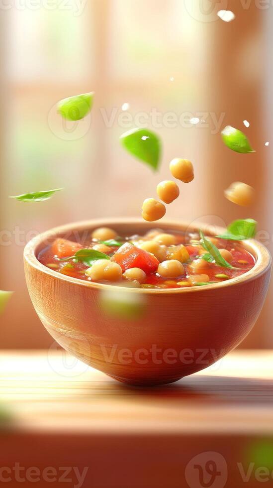 Chickpea stew with basil in wooden bowl on table, bright window background for healthy eating photo