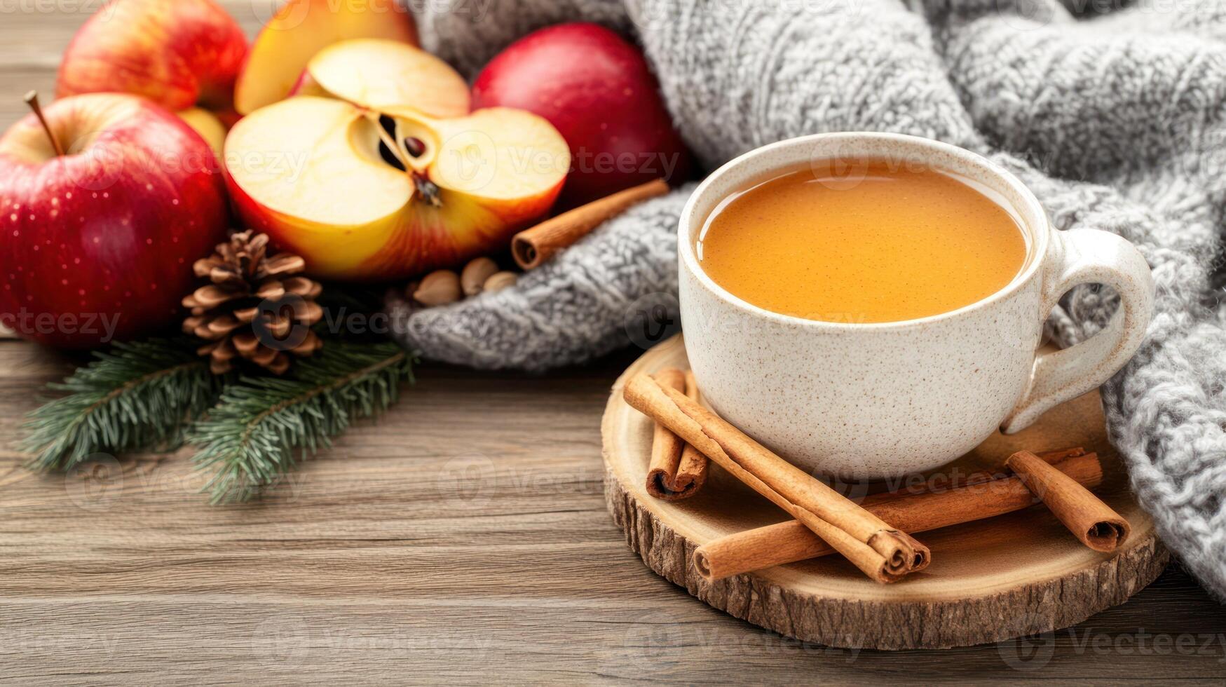 Cider cup beside apples, pine cones and soft knitted fabric on wooden surface. Still life, autumn photo