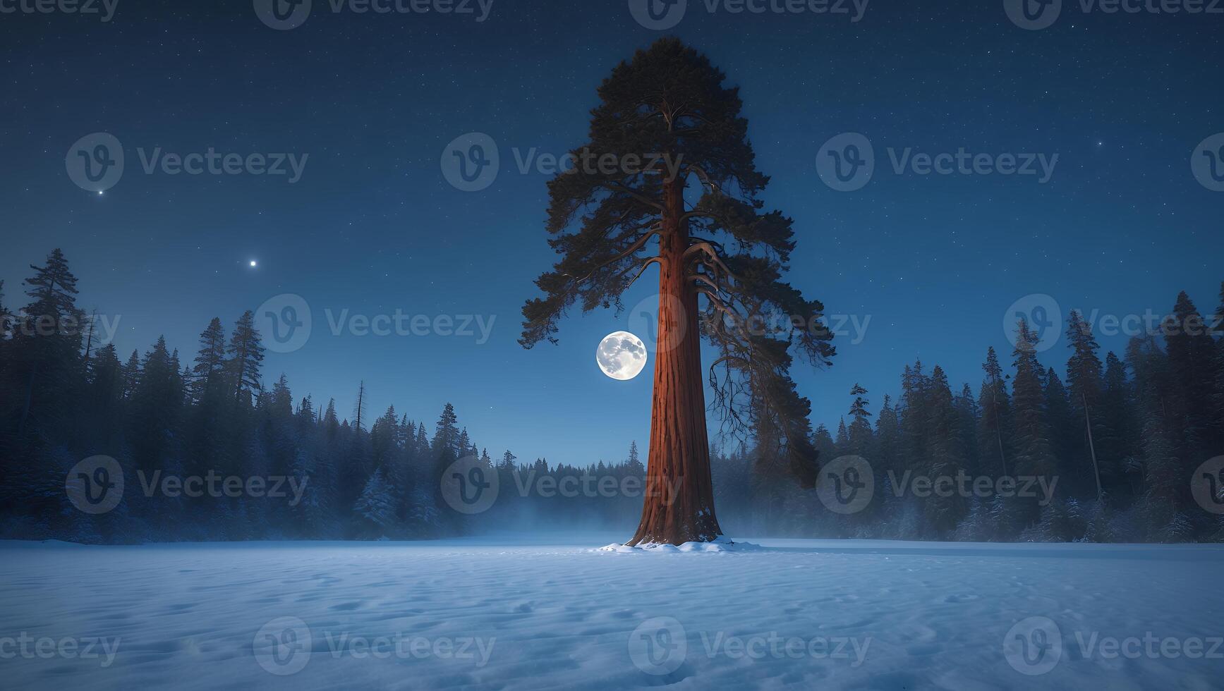 Lone Tree Stands in Snowy Field Under Full Moon Night photo