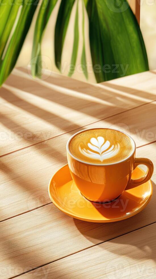 Coffee art, relaxing moment. Coffee cup on table. Cafe vibes background. Social media use photo