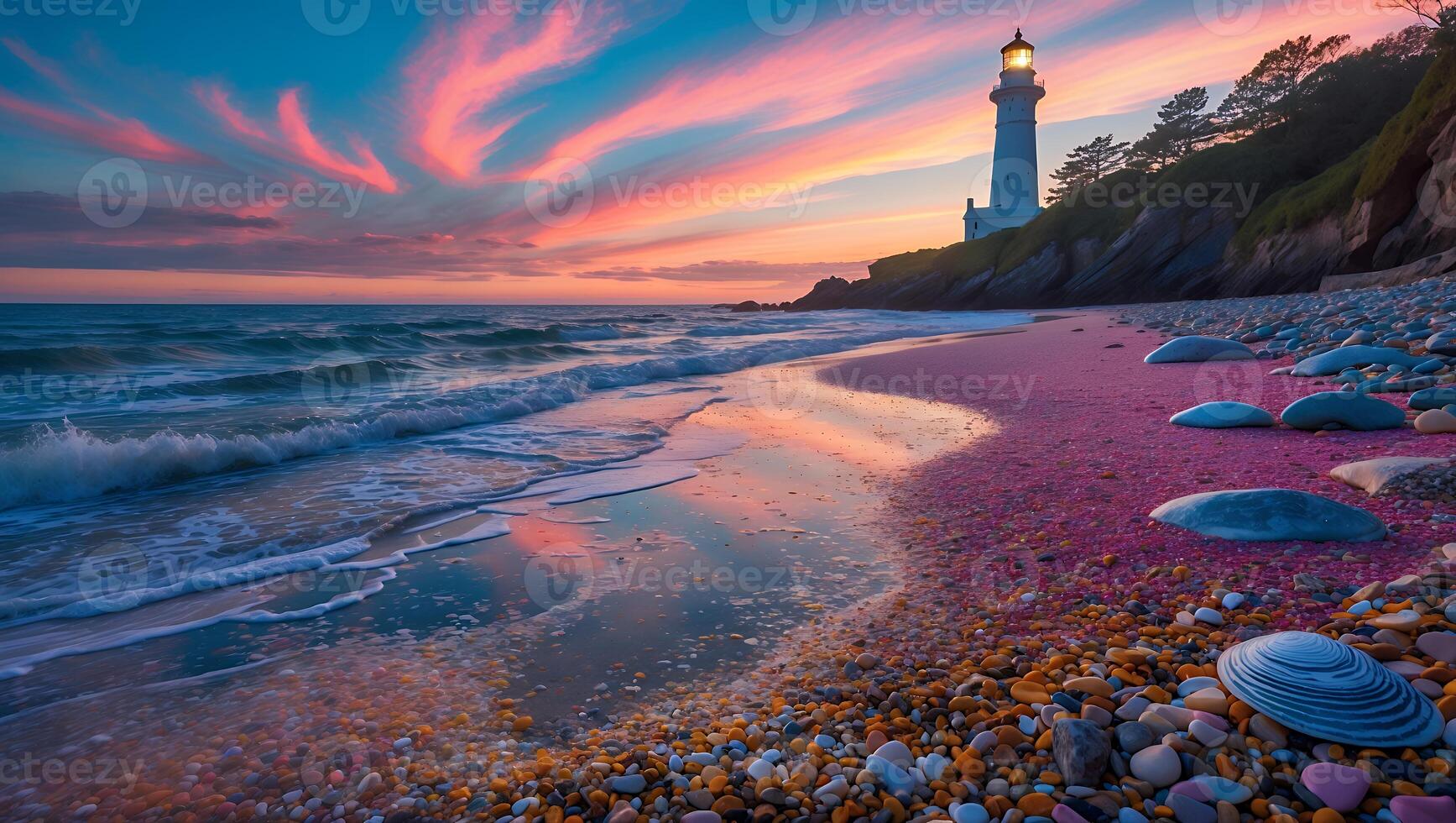 Lighthouse on Rocky Beach at Sunset Reflecting in the Water photo