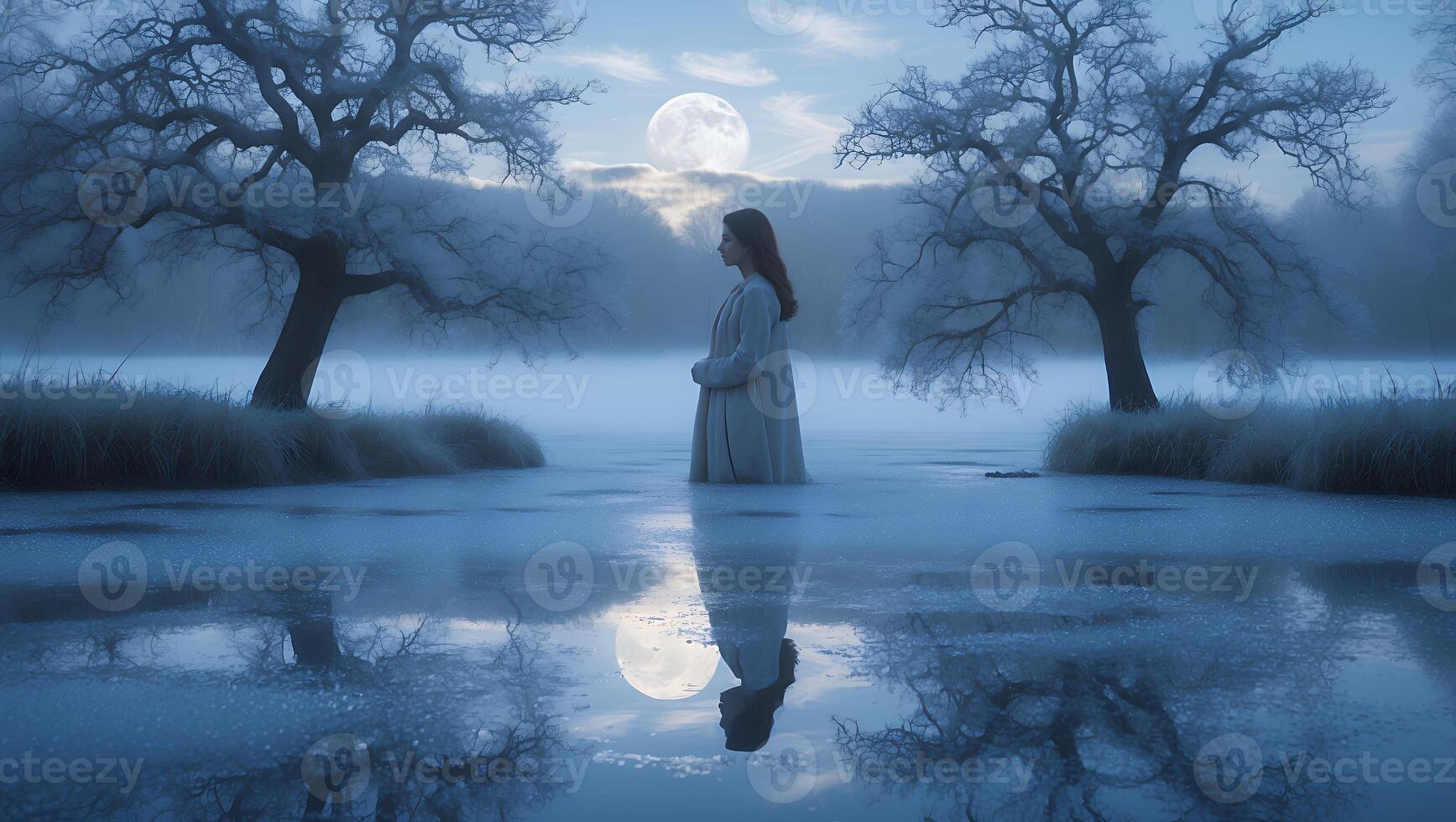 Woman Standing in Lake at Night Under Moonlight Reflecting Serenity photo