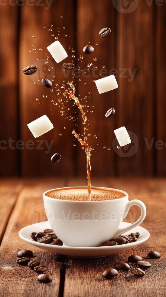 Coffee splash with sugar cubes beans floating on wood surface for cafe menu and breakfast ads photo