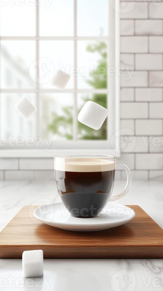 Coffee drink with sugar cubes on desk in front of window food photography photo