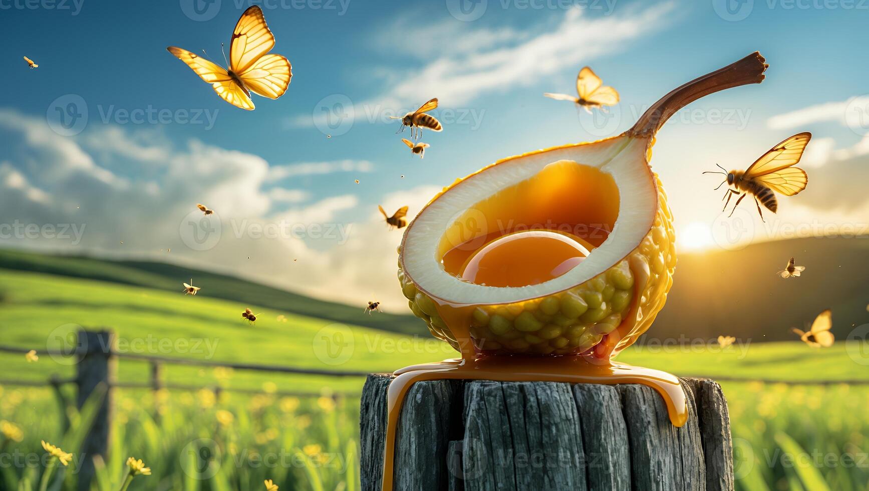 Fruit Bowl Dripping Honey Surrounded by Bees and Butterflies Outdoors photo