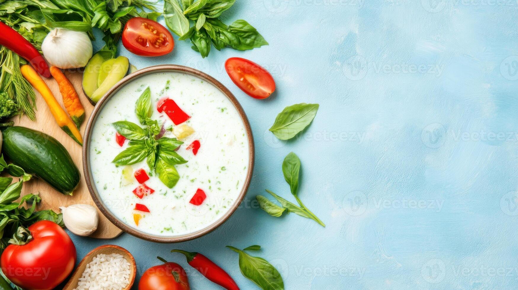 Cold cucumber soup with fresh herbs and vegetables on a blue background for healthy eating photo