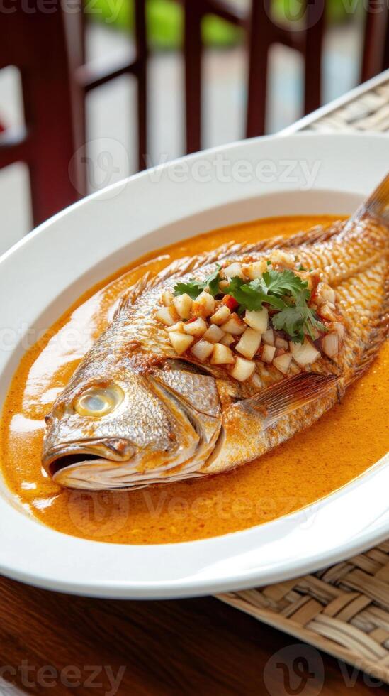 Cooked fish dish with garnish served on an oval plate, ready to eat at a restaurant table photo