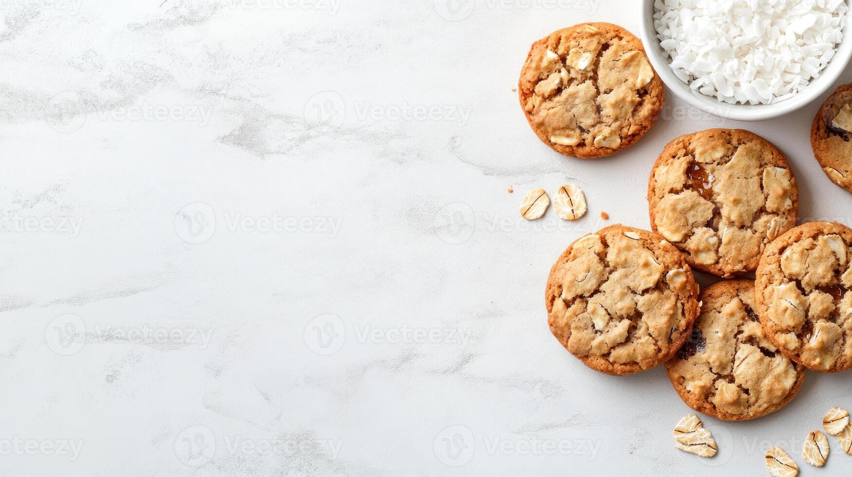 Cookies arranged with oats and shredded coconut on a marble surface, photographed from above with copy space photo