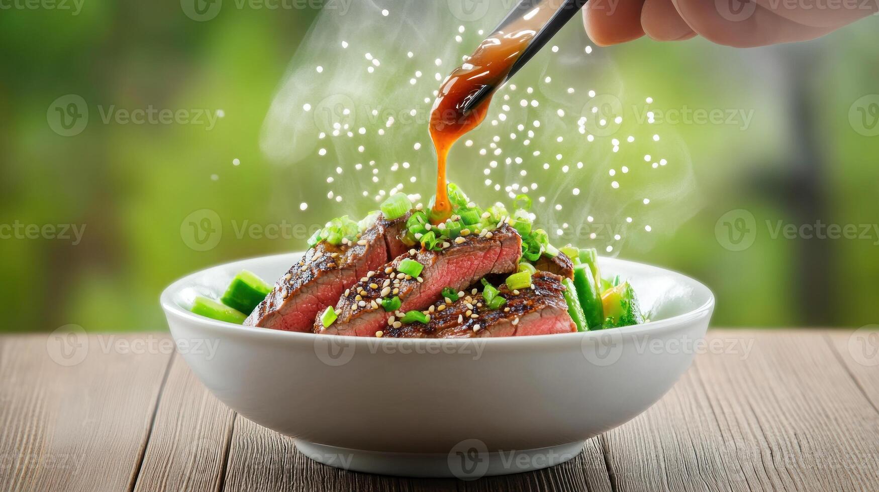 Cooking Meat being topped with a sauce over plants, in a bowl for a restaurant menu photo