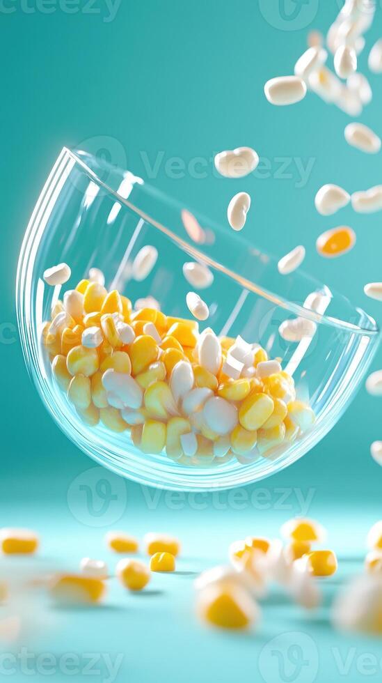 Corn and beans in a glass bowl, falling in the studio, for use in nutrition or food related materials photo