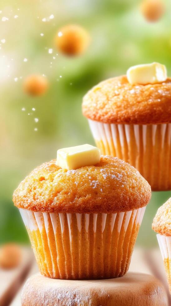 Cornbread muffin with butter on a wooden table, with a blurry background, for recipes and food blogs photo