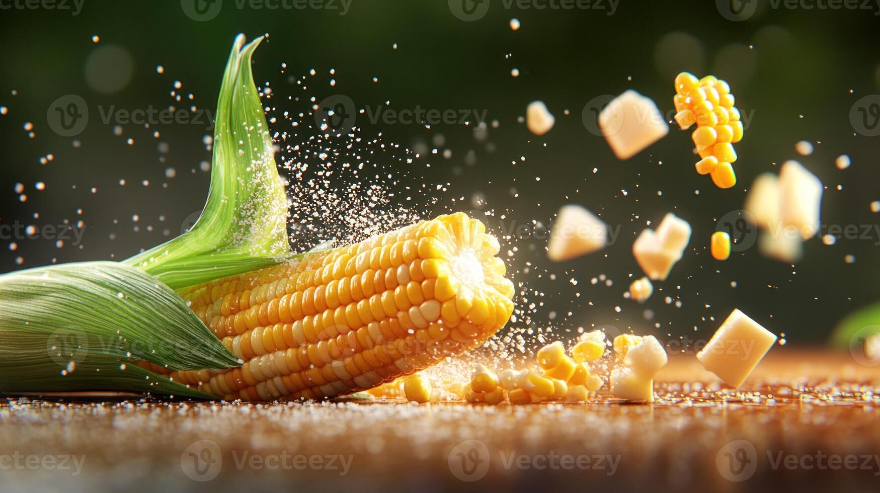 Corn on the cob with kernels flying in the air on a brown table with a blurry outdoor background photo