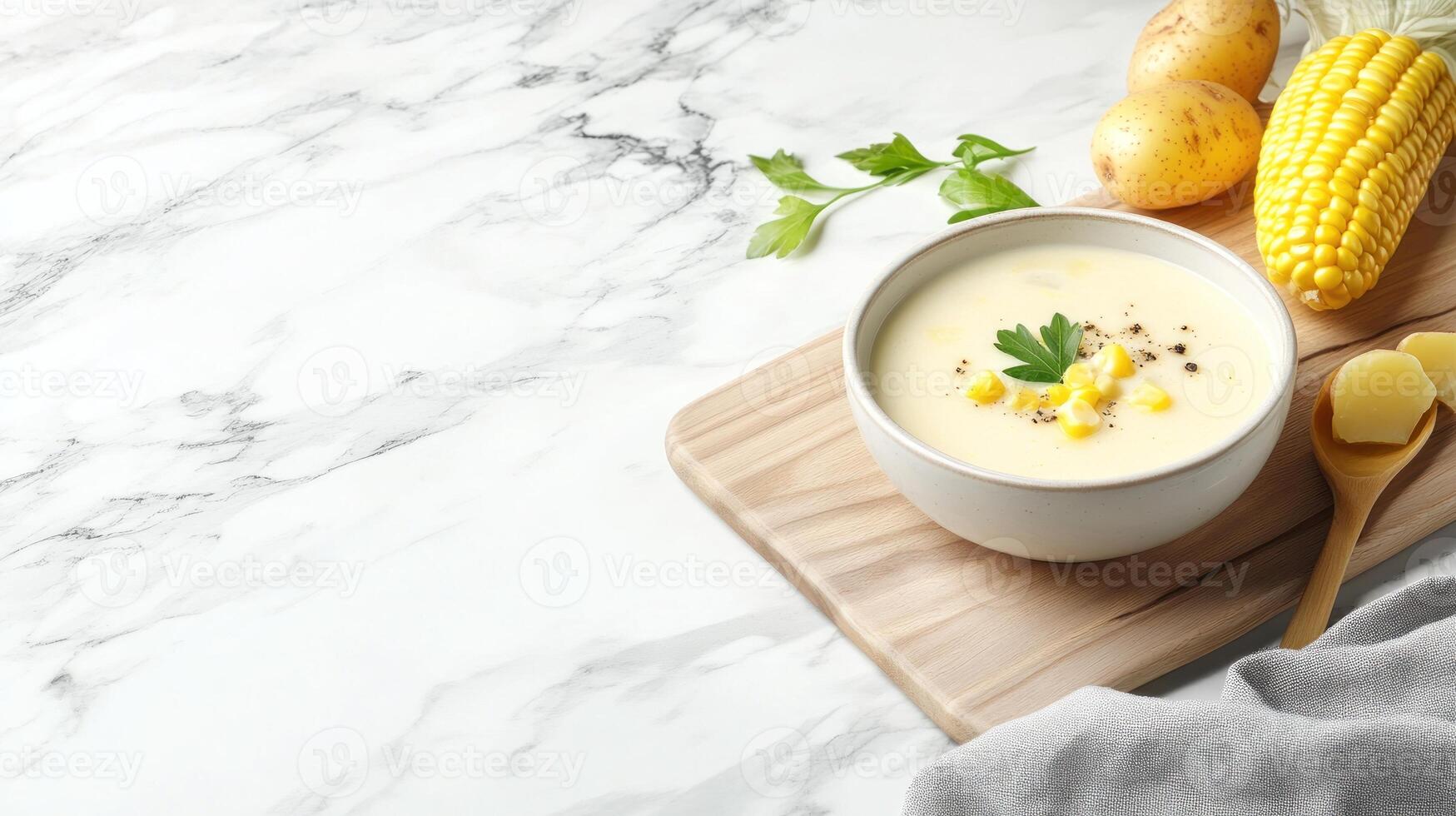 Corn soup in bowl on marble, for food blog or meal prep ad. Vegetables in the background photo