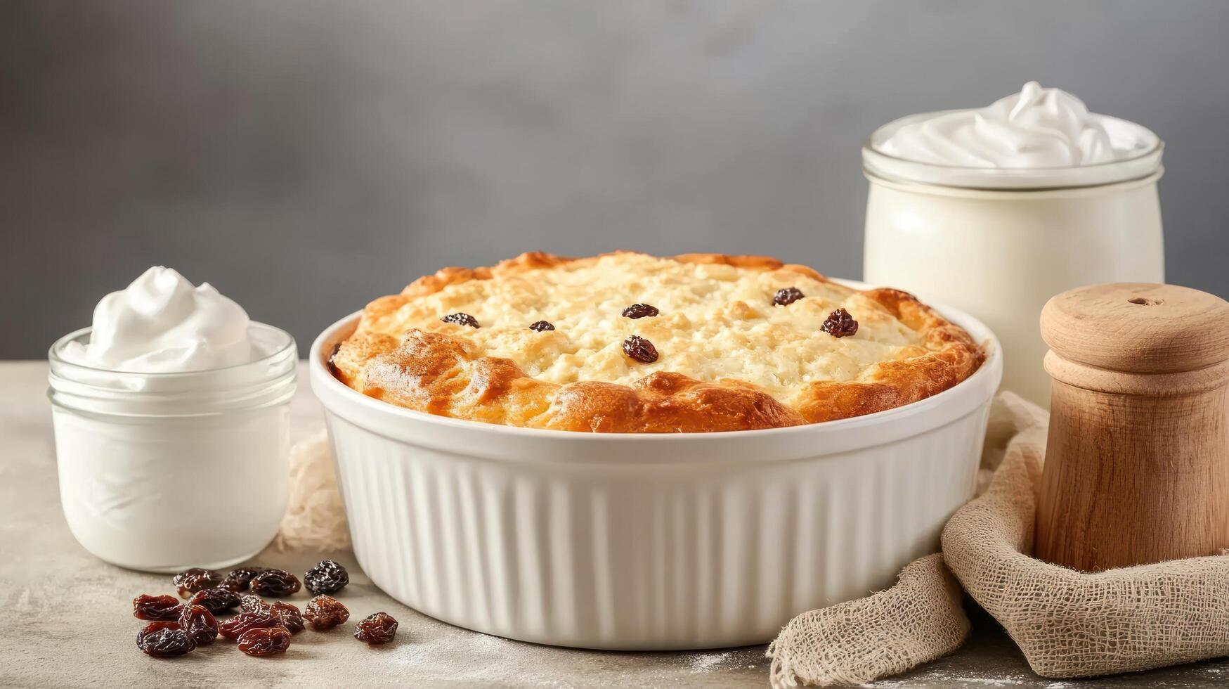 Cottage cheese casserole with raisins and sour cream on the table for breakfast photo