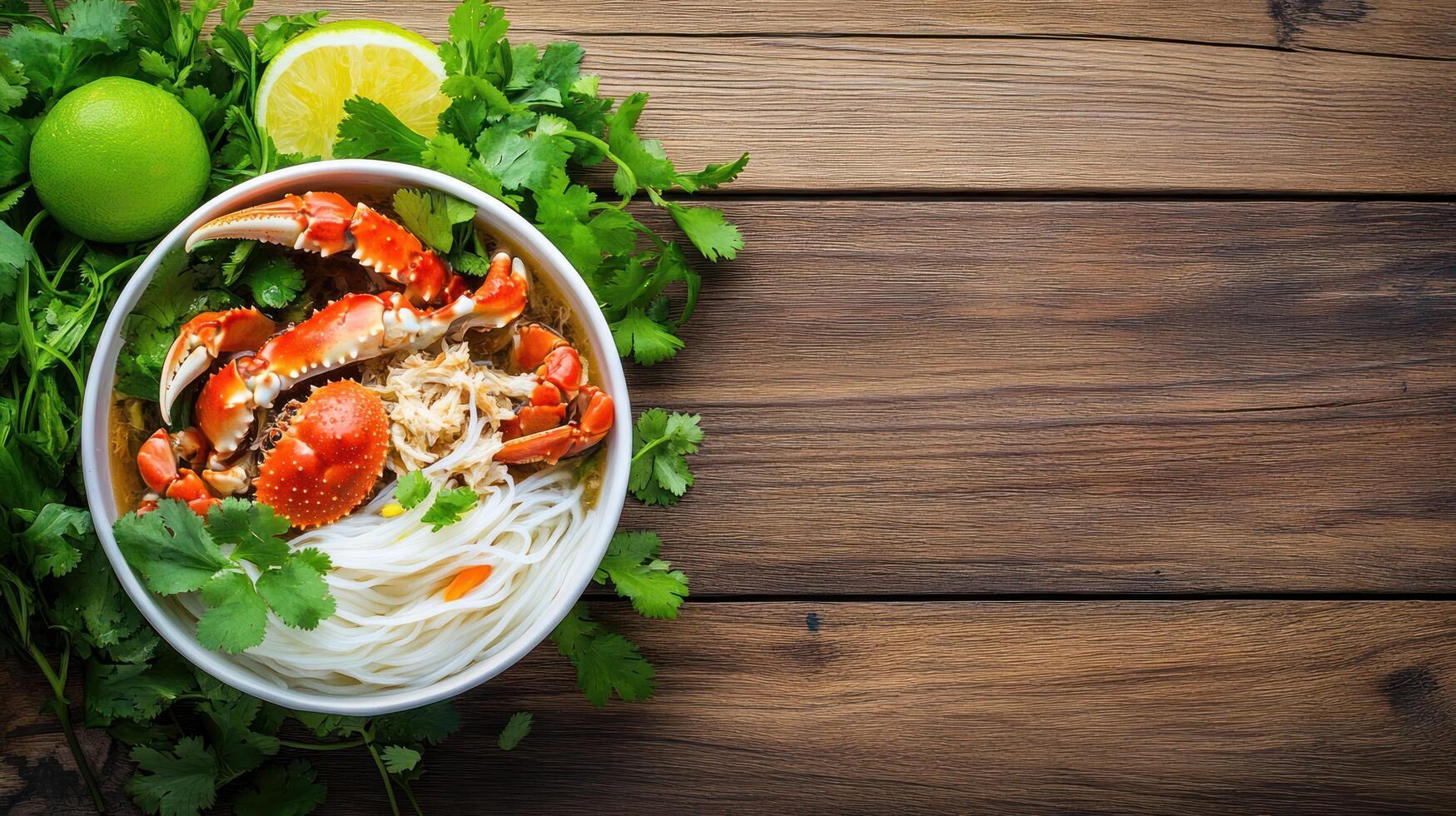 Crab noodles with lime herbs displayed on a wooden table background, for restaurant advertising photo