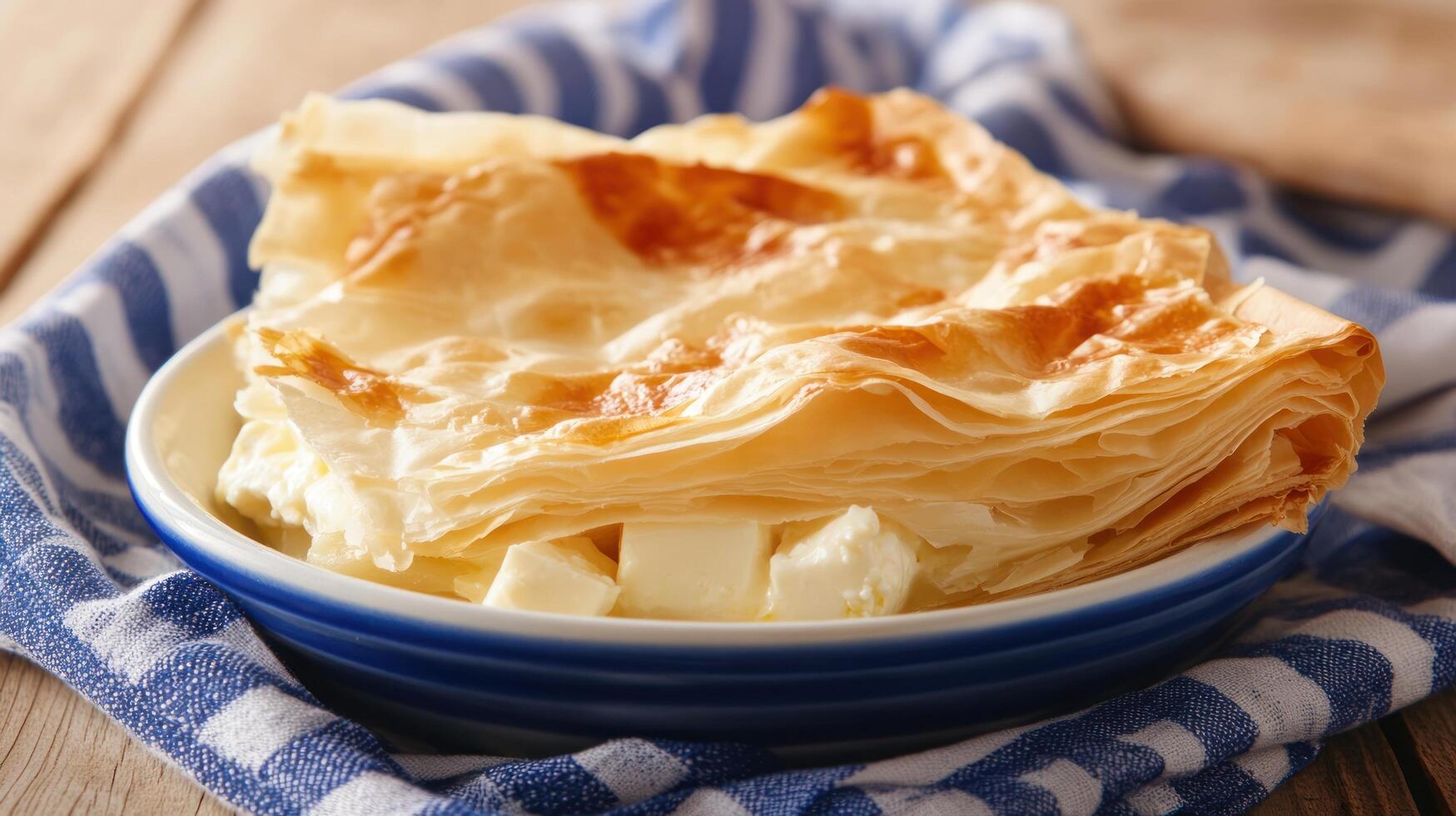 Creamy cheese pie on plate, on a table with blue napkin. Recipe, cooking background photo