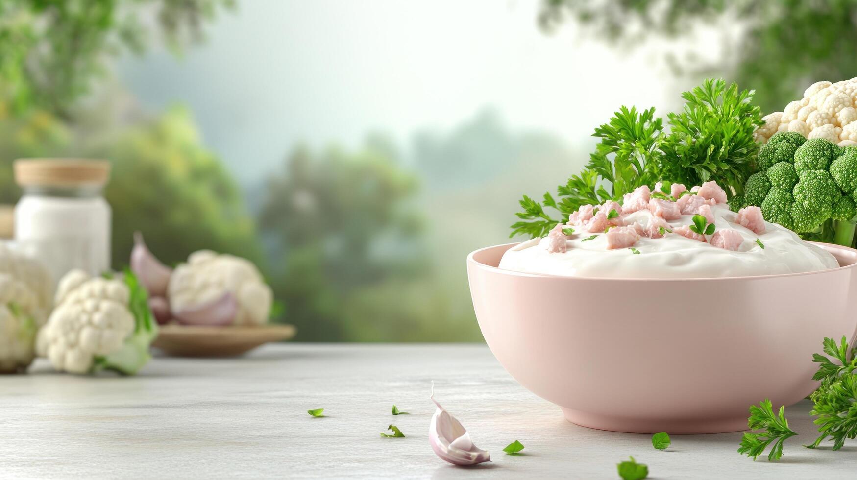 Creamy sauce with ham and parsley garnish in bowl on table, lush green forest background. Food blog, cooking ad photo