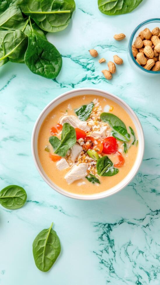 Creamy soup with chicken spinach on marble background. Healthy lunch recipe photo