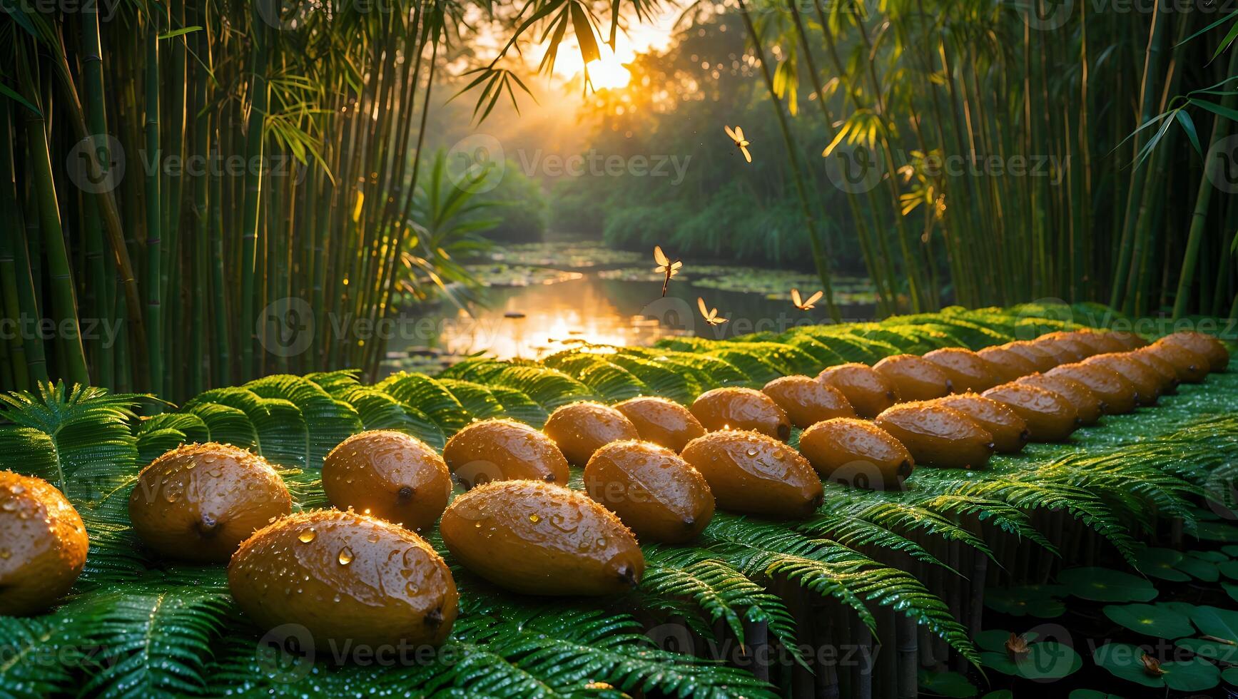 Row of Exotic Fruits on Fern Fronds in Lush Bamboo Garden photo
