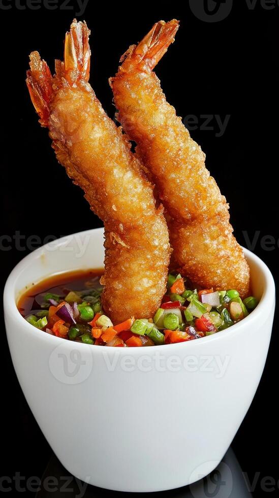 Crispy fried shrimp tempura in a bowl with dipping sauce on dark background. For restaurant menu photo