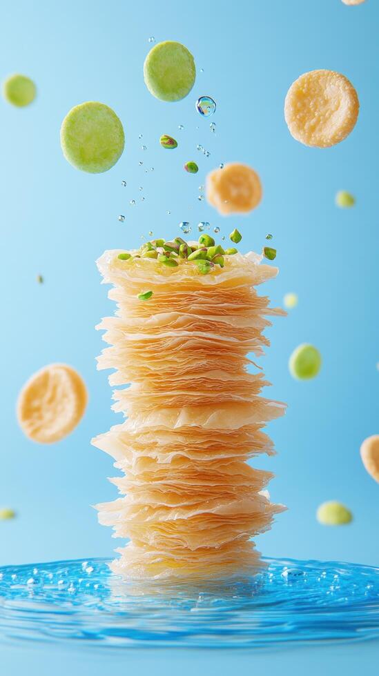 Crispy dessert stack levitating from water with pistachios against a blue background for food styling photo