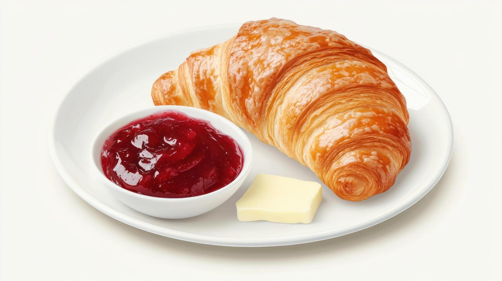Croissant with jam and butter on a plate. Breakfast concept for food blogging photo