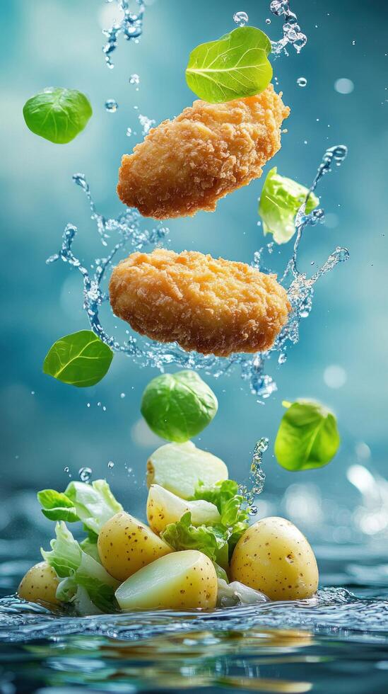 Crispy nuggets veggies splashing in water on blue background. Food photography for menu or ads photo