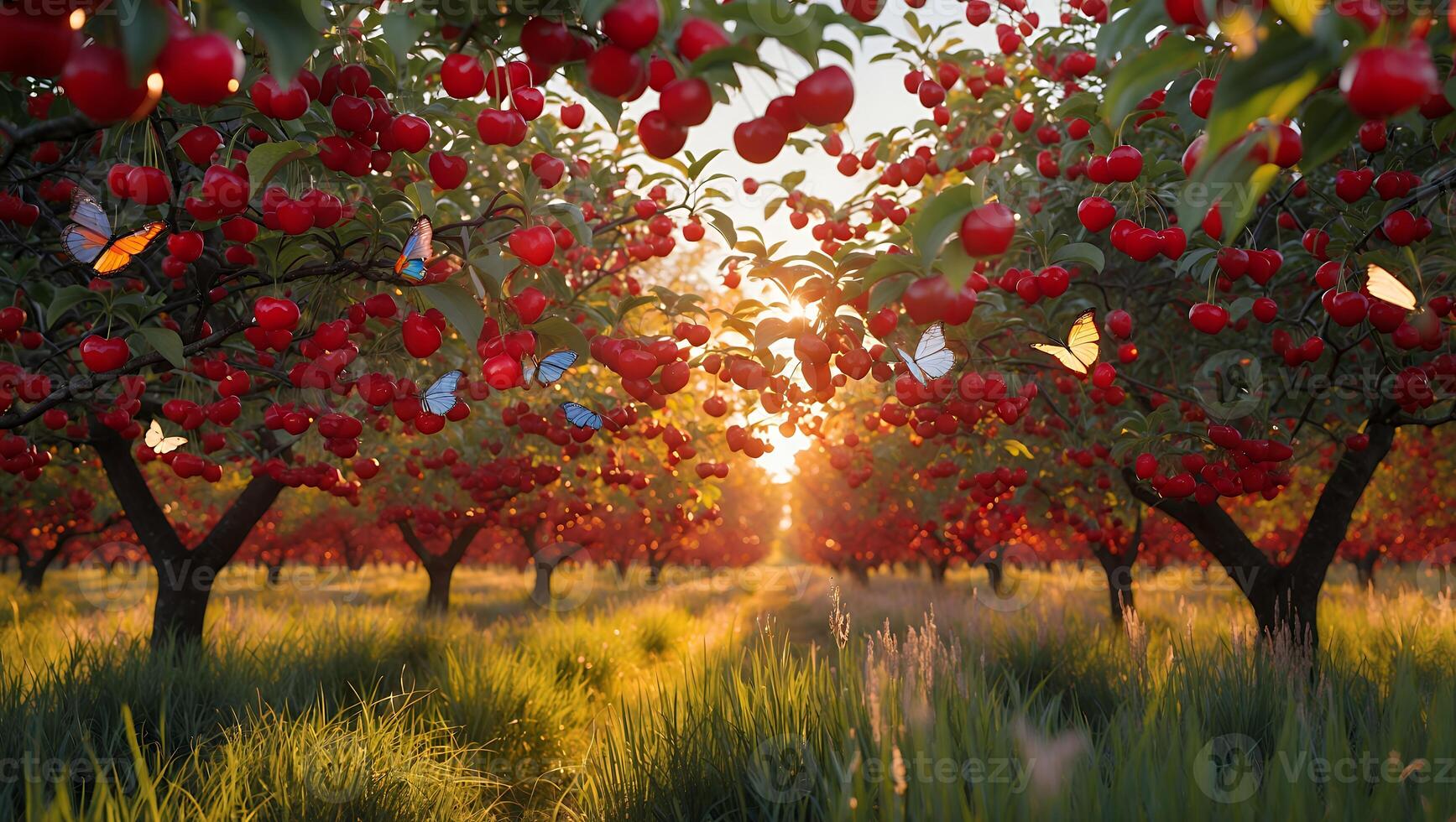 Walking Through Orchard Filled with Ripe Red Cherries at Sunrise photo