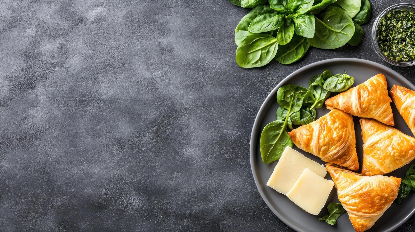 Croissants, cheese spinach on a plate. Copy space for menu. Breakfast food photo