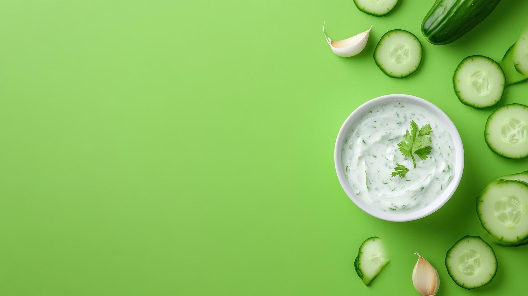 Cucumber dip served in a bowl. Herbs garlic garnish on green backdrop, suitable for food blog photo