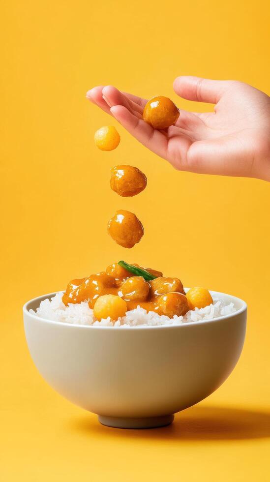 Curry rice ball falling into bowl, food background. Commercial use for dining, meal photo