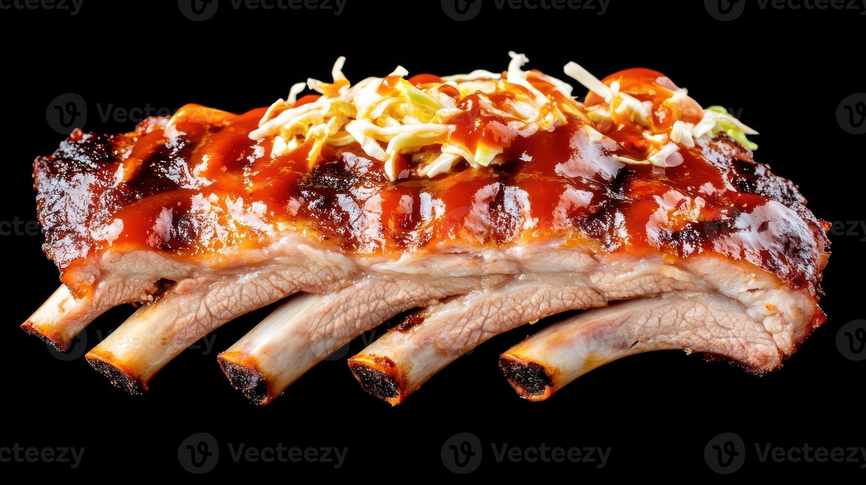 Delicious BBQ ribs with coleslaw, a culinary delight on a black background, ideal for restaurant menus photo