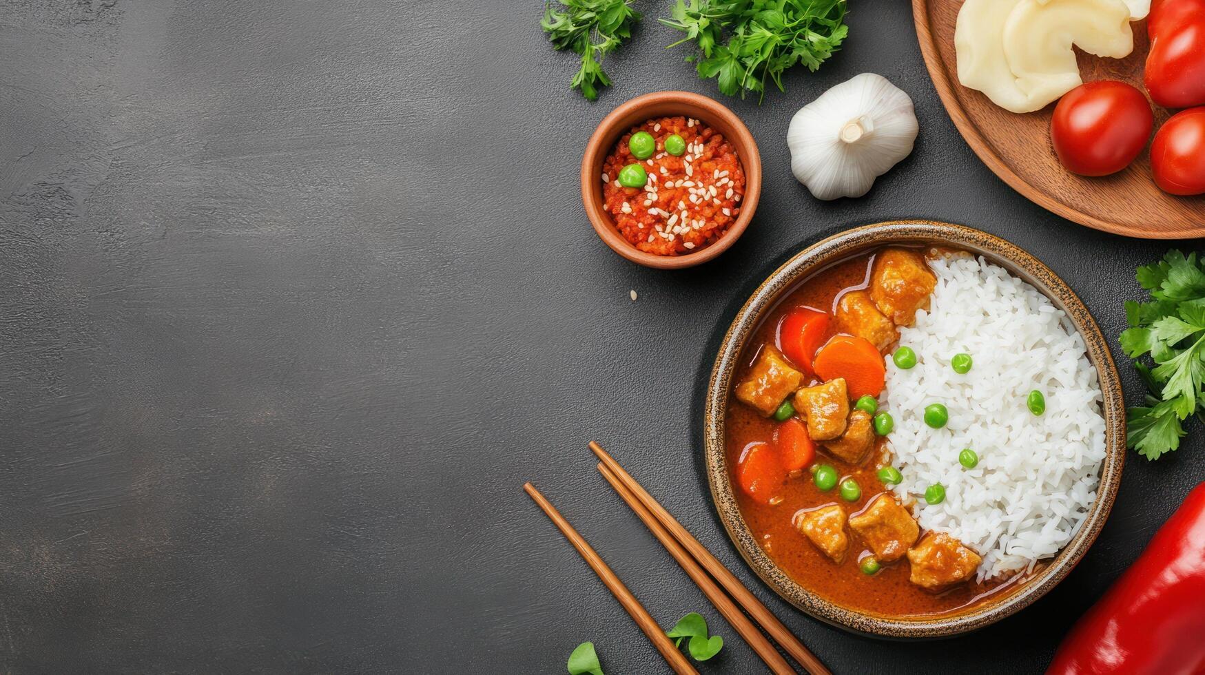 Curry with rice, peppers and garnish on table top-down for food blog, recipes, menu photo