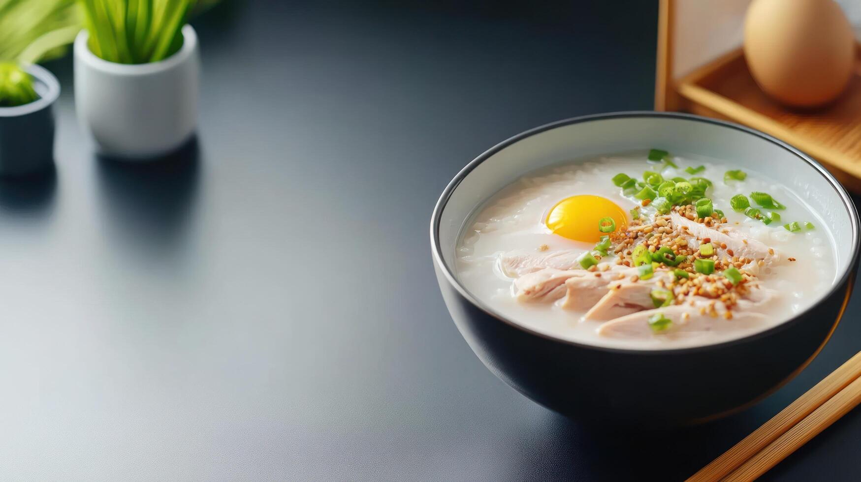 Delicious chicken congee with a poached egg and scallions on a black table, breakfast at home photo