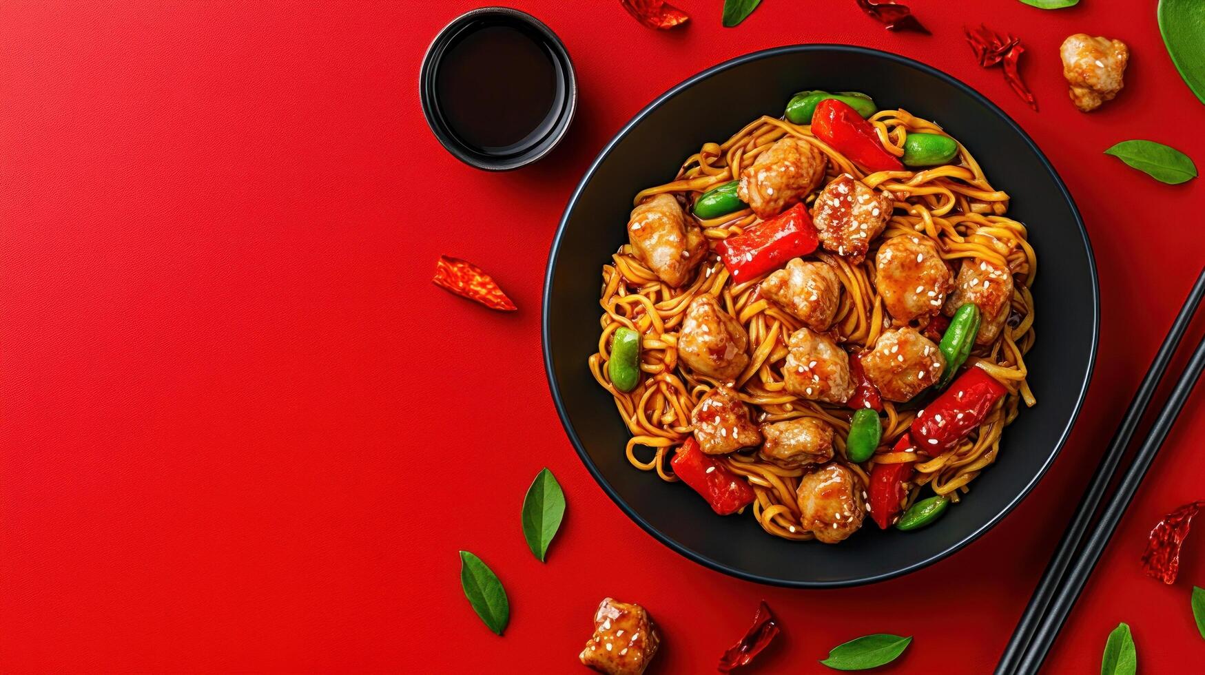 Delicious chicken noodle stir-fry, served in a bowl on a red surface restaurant menu photo