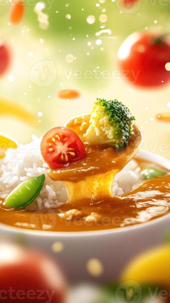 Delicious curry on a spoon with vegetables and rice, with a blurred background. Use for cooking ad photo