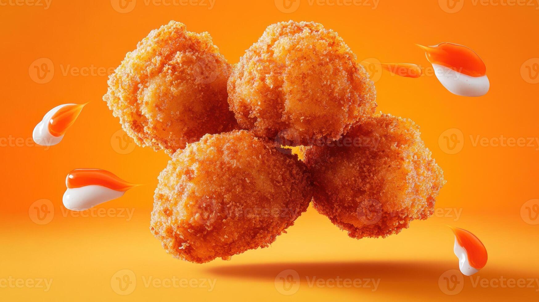 Delicious fried cheese balls with drops of sauce on gradient background for culinary ads photo