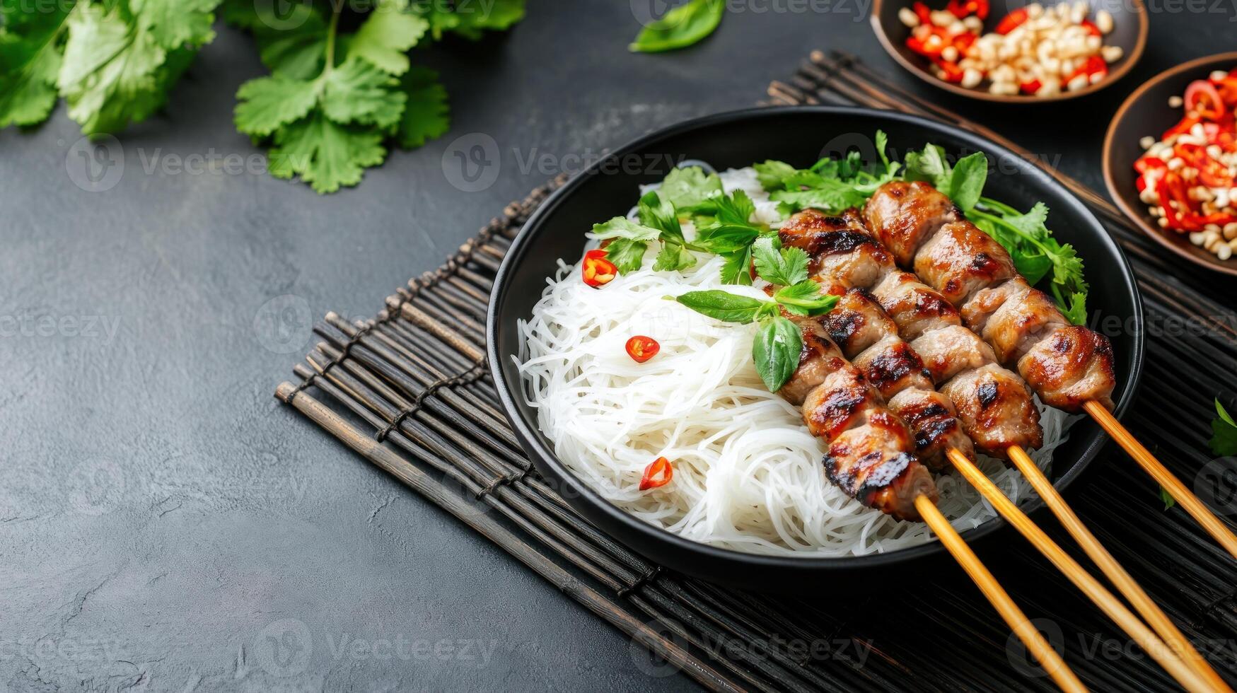 Delicious grilled beef skewers with rice noodles, herbs, and chili flakes served in dark setting photo