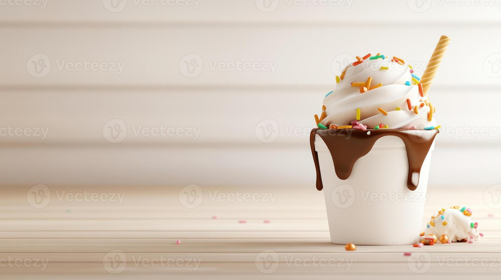 Delicious ice cream with chocolate sauce sprinkles. Perfect for summer sales, menu designs photo