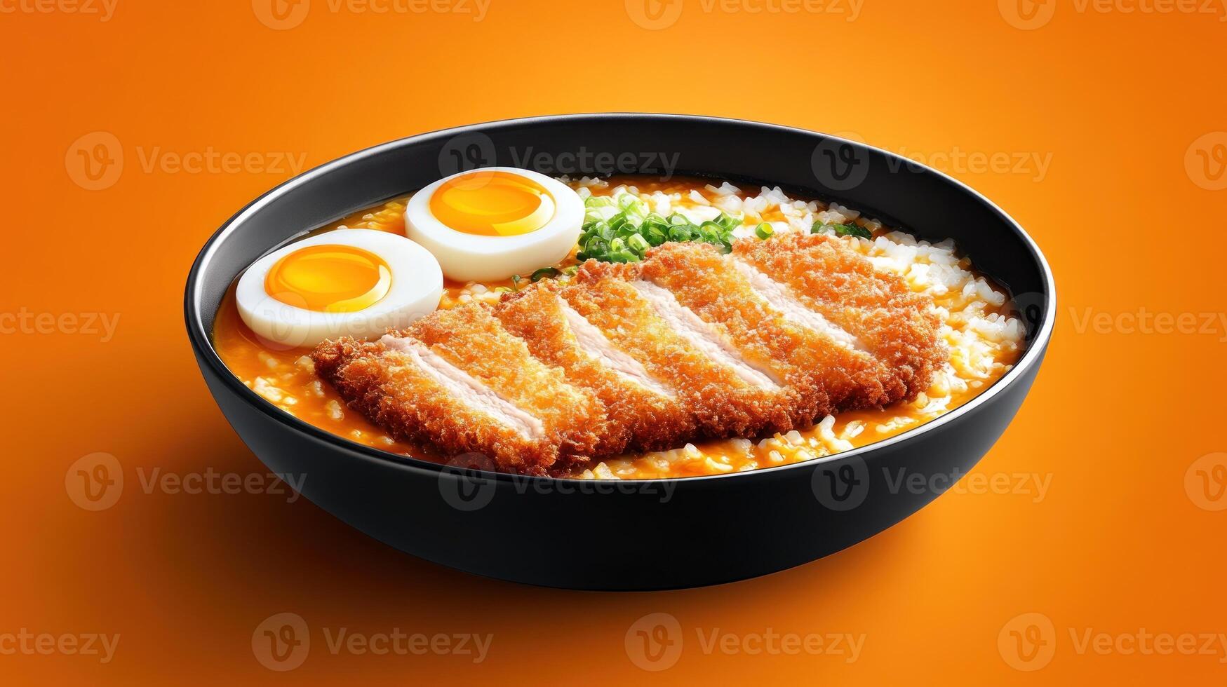 Delicious katsudon rice bowl with eggs and green onion for lunch or dinner photo