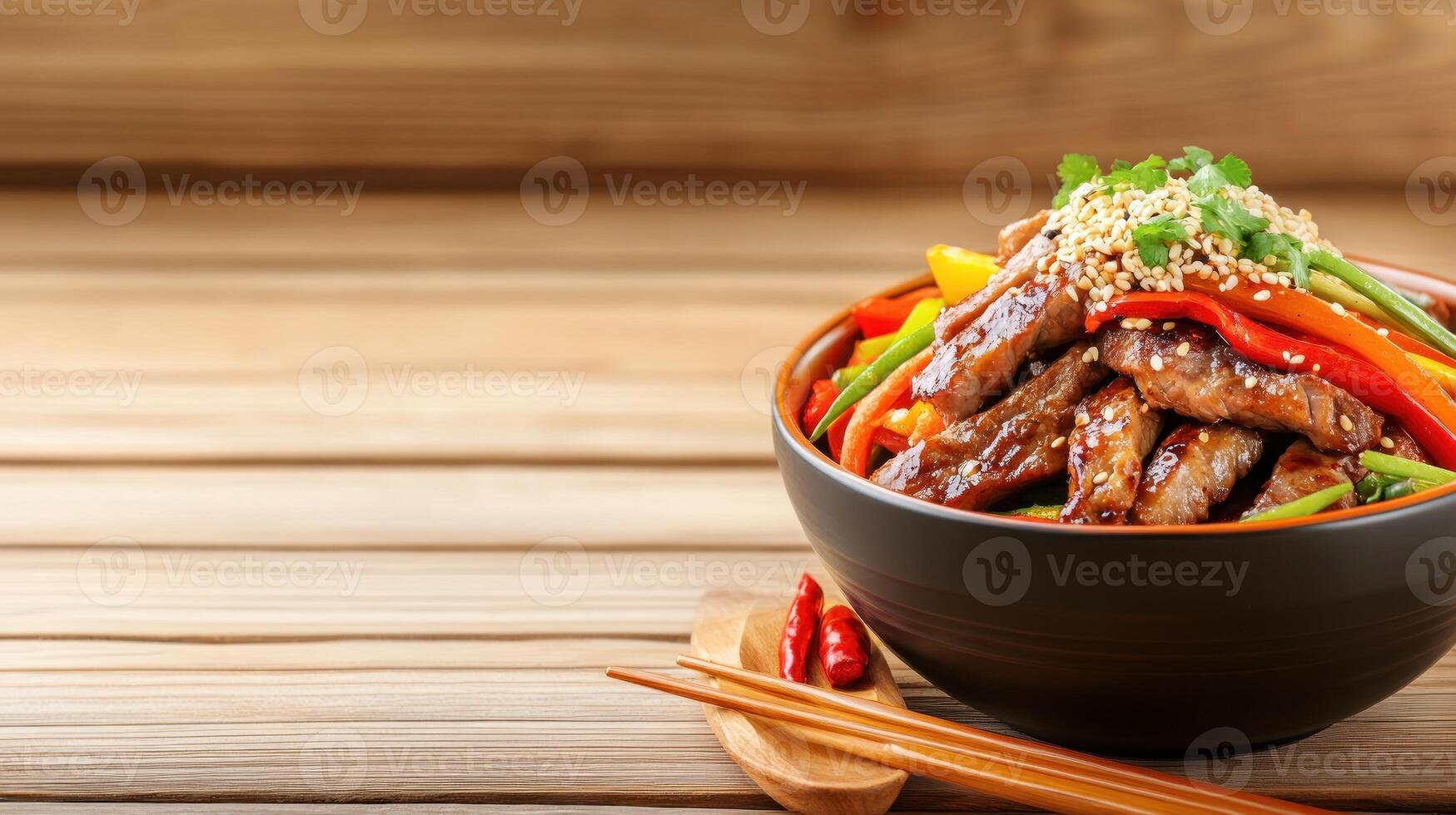 Delicious meal of meat and vegetables in a bowl on wooden table, used for food blog photo