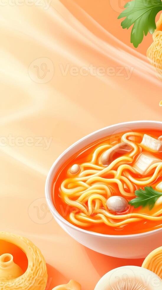 Delicious noodle soup with garnish in a white bowl. Food advertisement background with place for text photo