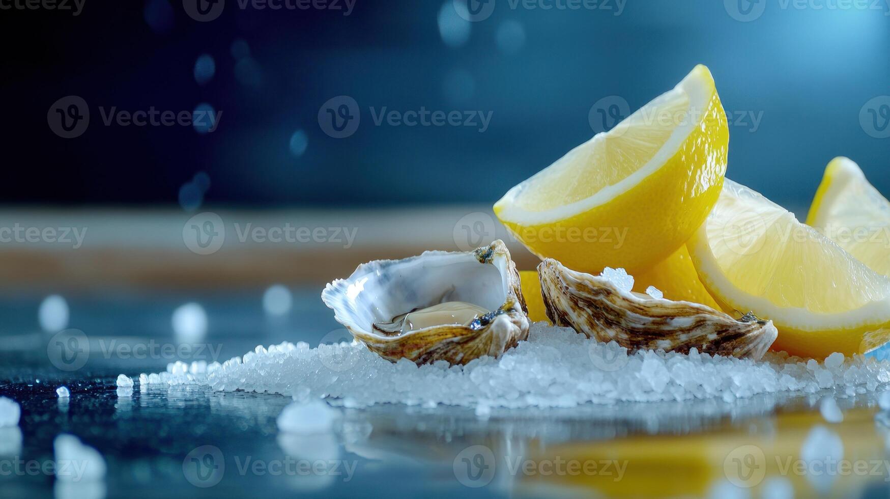 Delicious oyster and lemon on ice with blurry dark background, possible seafood restaurant ad photo