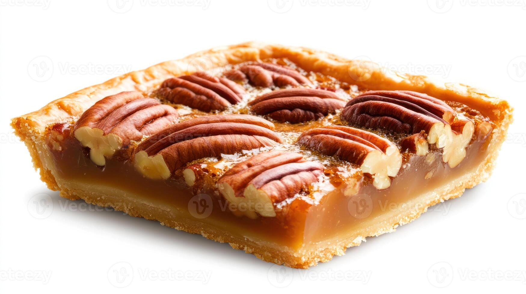 Delicious pecan tart slice, tempting dessert served on a neutral background for food blogspromotion photo